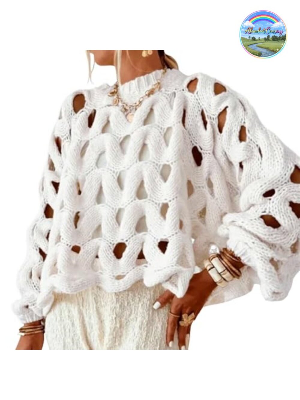 Women's Hollow Out Crochet Chunky Pullover Sweater Oversized Long Sleeve Crew